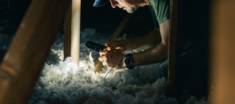 Man inspecting attic insulation