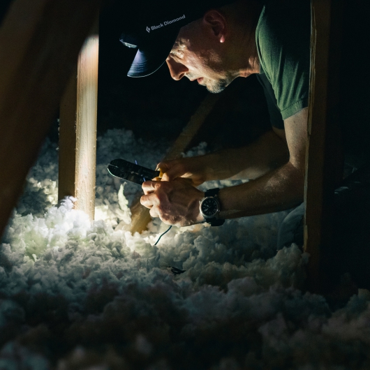 Man inspecting attic insulation