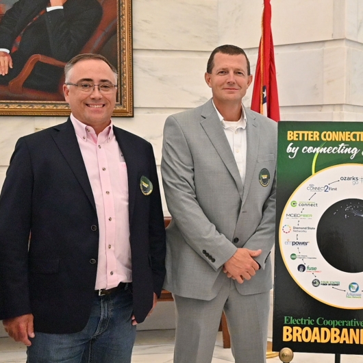 From left, NEXT Chief Operating Officer Scott Hamby, NAEC Vice President of Engineering Jason Strong and NEXT Director of Marketing & Business Development Cortney Varner attend the co-op fiber celebration at the state Capitol.
