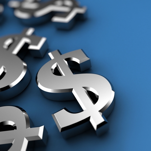 Silver dollar sign on blue background